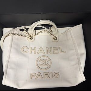 CHANEL Deauville White Tote with Gold Chain Accents